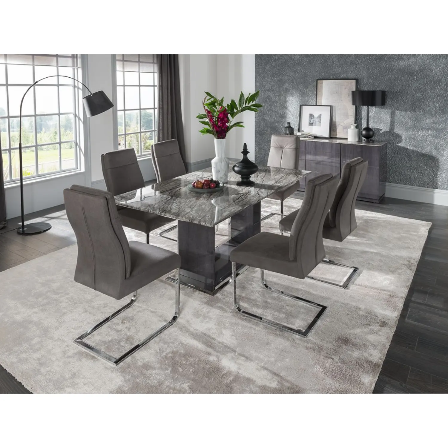 Grey Marble Top Large 180cm Dining Table Metal Base