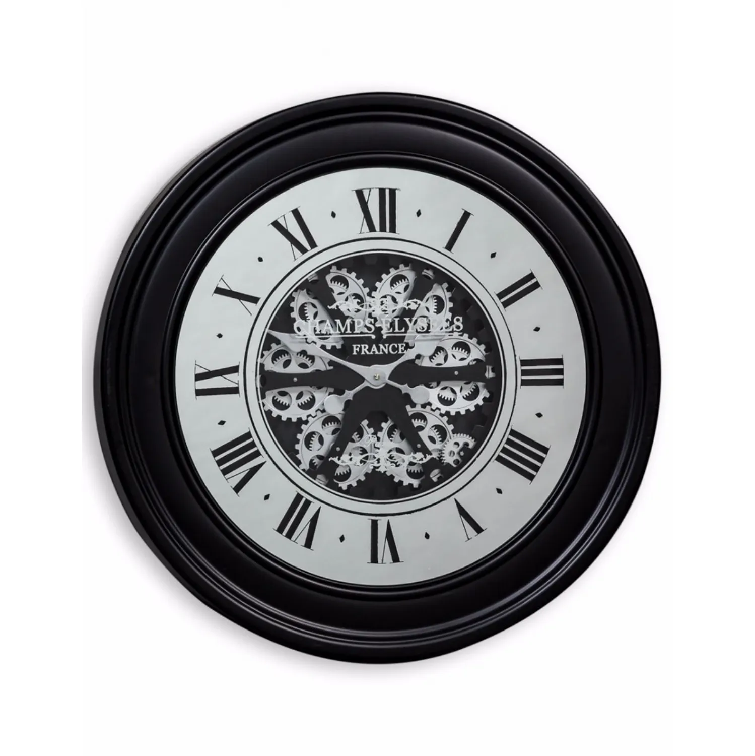 Black Mirrored Face Round Moving Gears Wall Clock