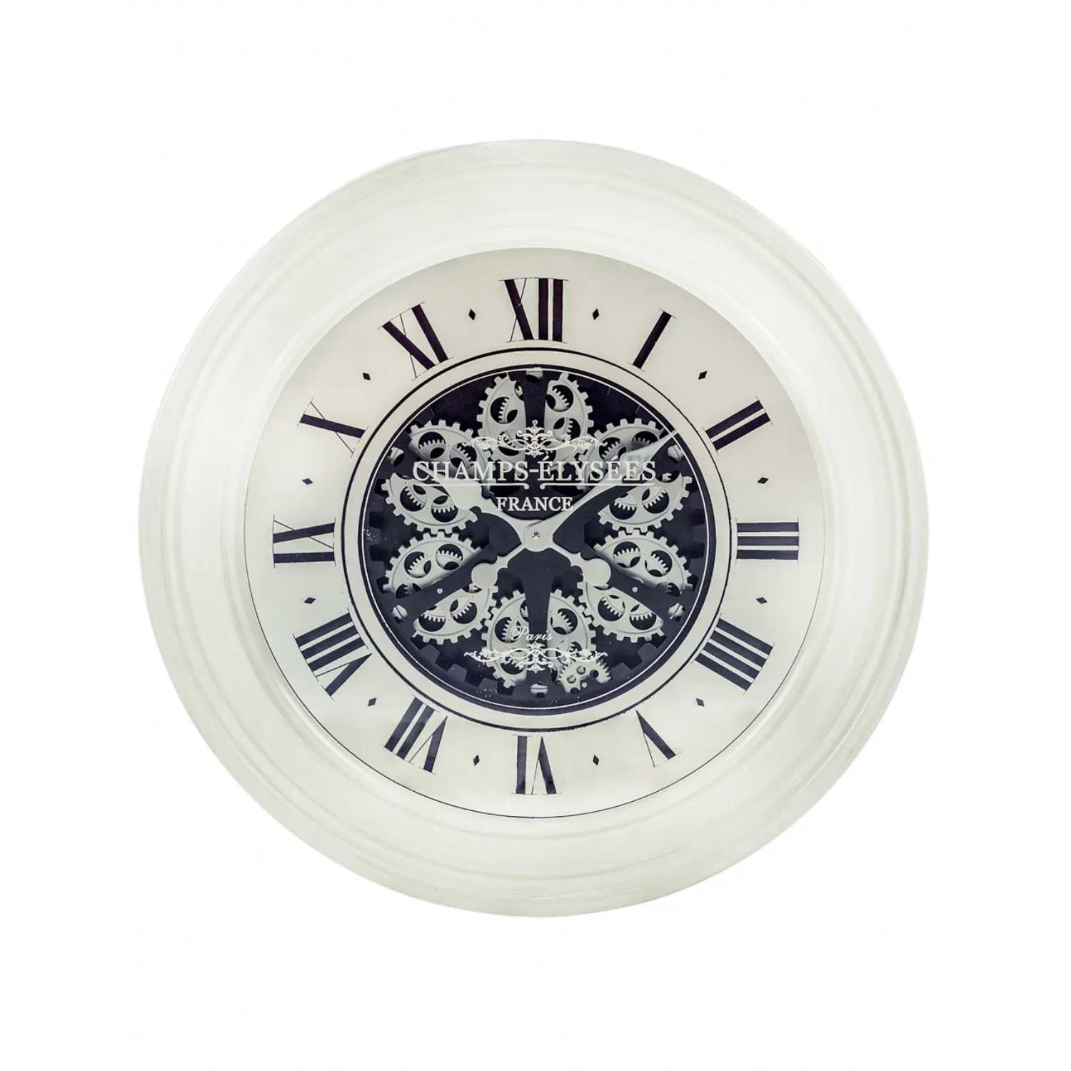 Round Cream Mirrored Face Moving Gears Wall Clock