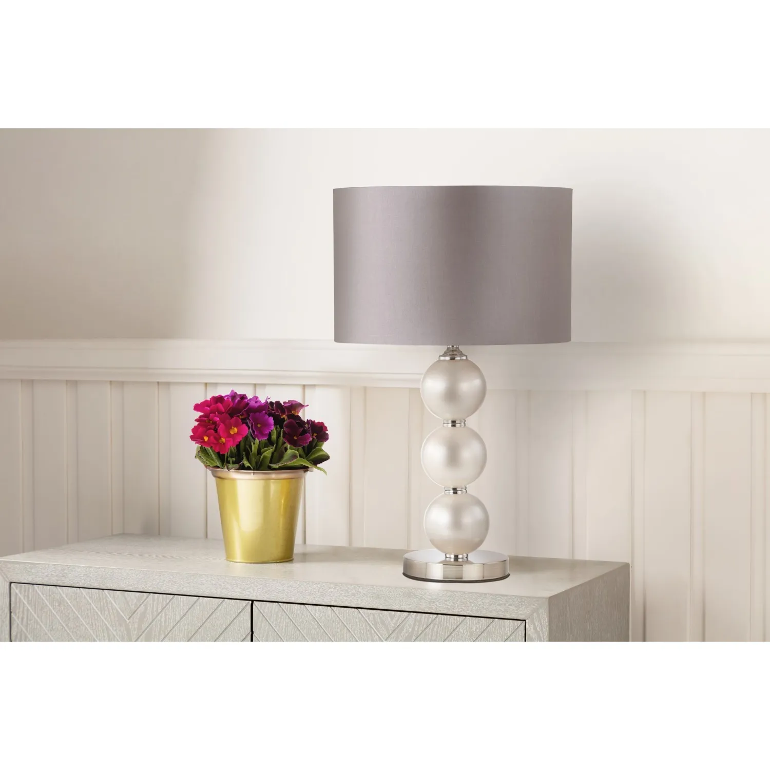 58. 8cm Opal Grey Glass Table Lamp With Grey Faux Silk Shade