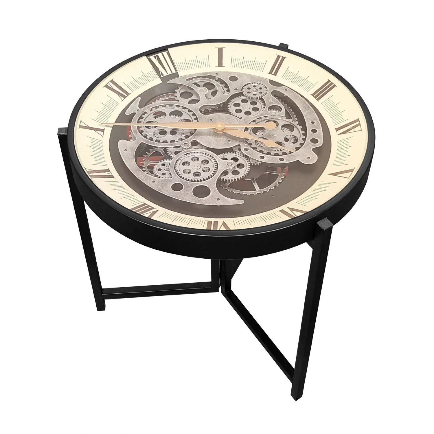 Black Metal Round Clock Top Side Table with Moving Gears