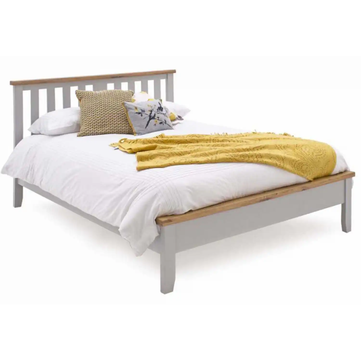Grey Painted Wooden Double Low Foot End Bed Oak Top