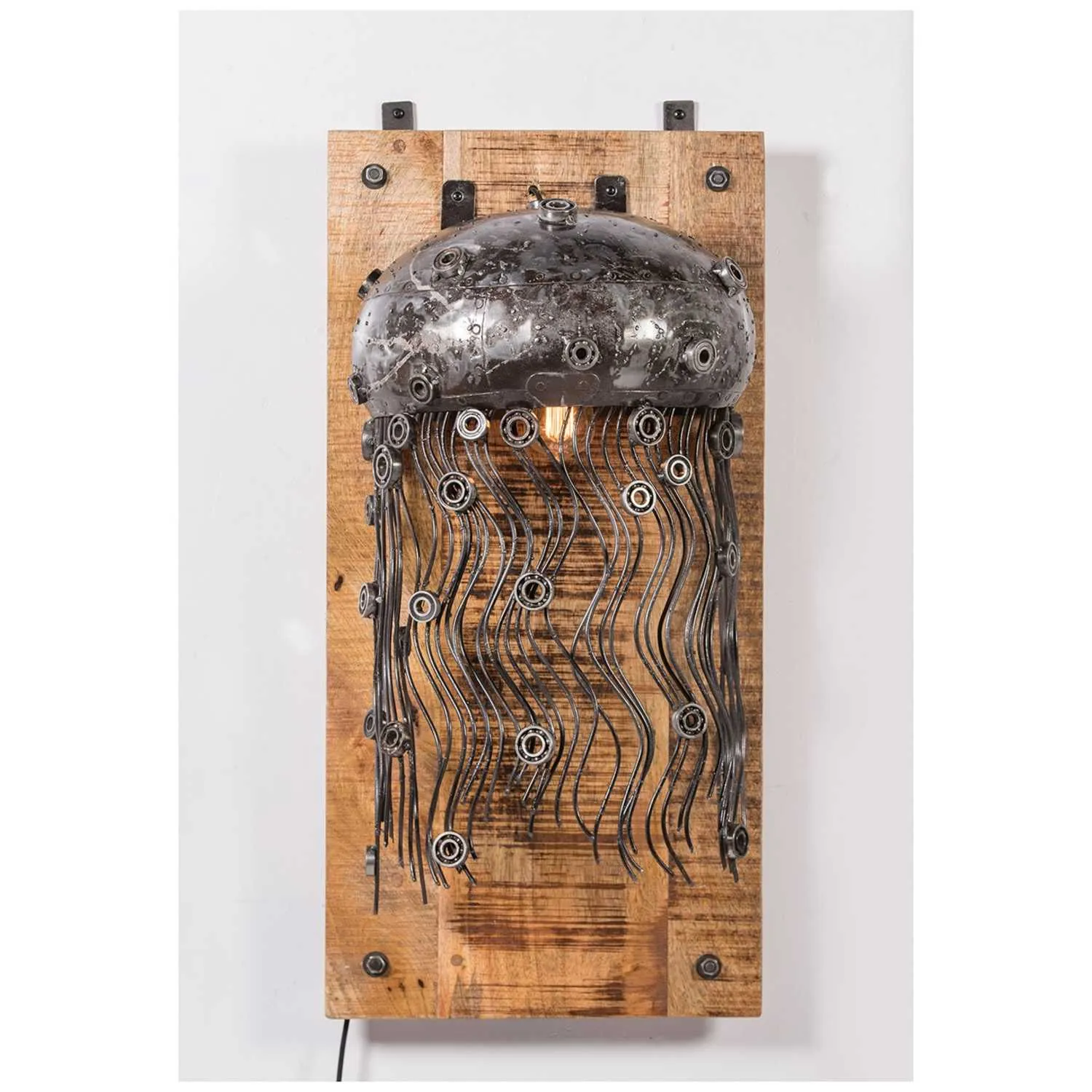 Upcycled Lighting And Furniture Black Polish Recycled Industrial Metal Jelly Fish Wooden Base Wall Lamp 27X82X40cm