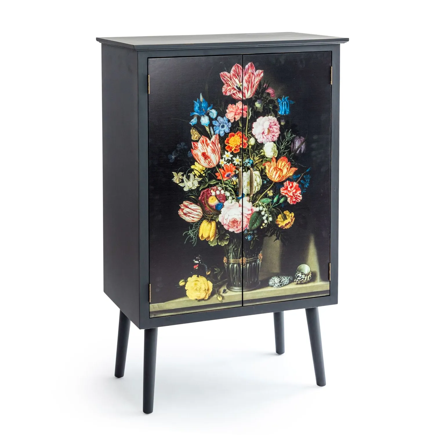 Tall Floral Bouquet Boho Chic Side Cabinet with Narrow Legs