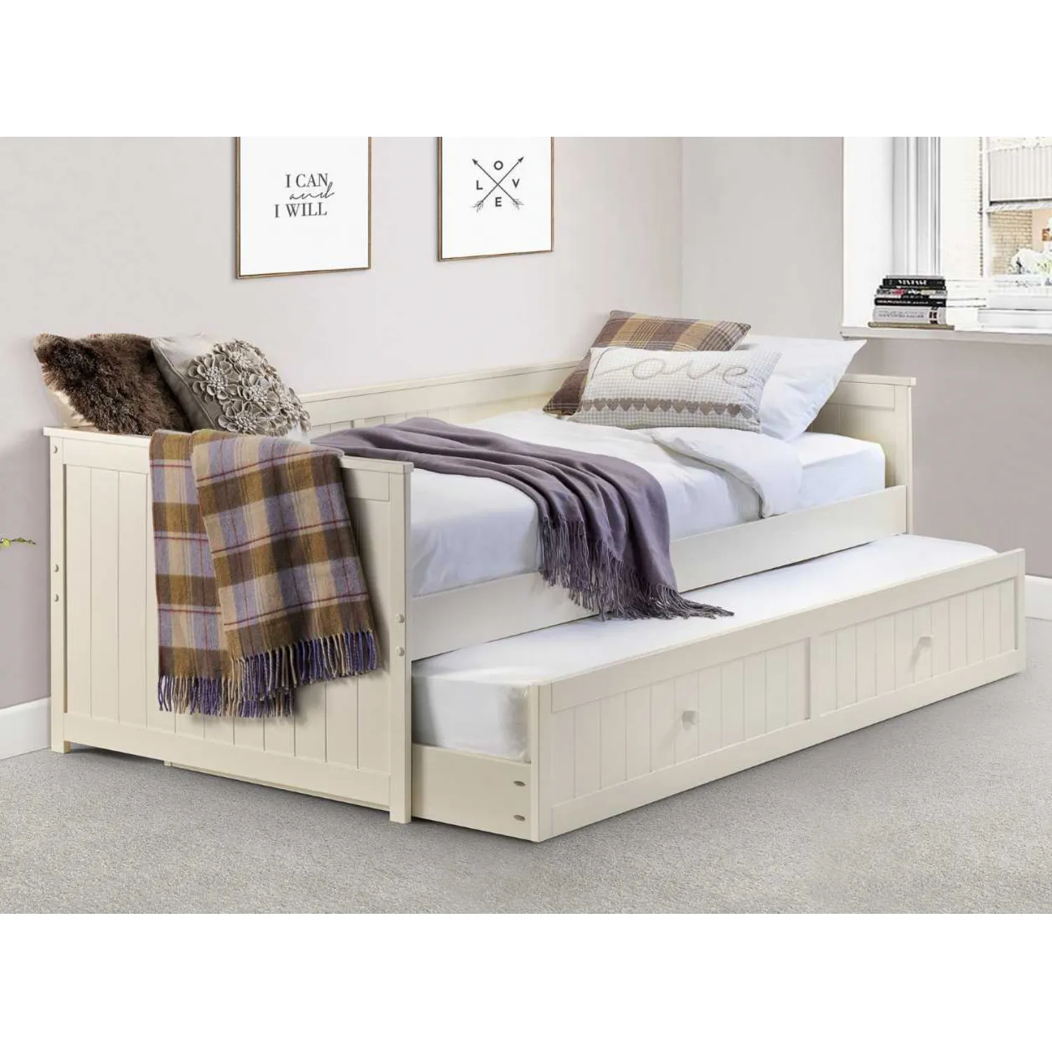 White Painted Guest Daybed with Under Bed Trundle and Fluted Panel Detail