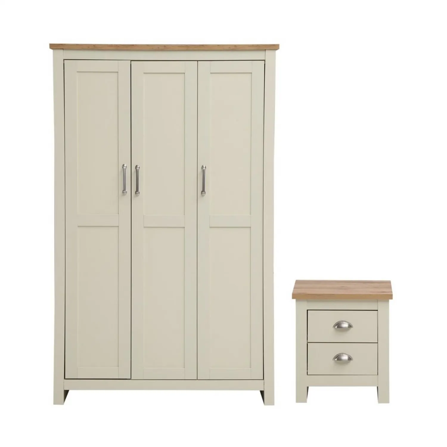 Cream Wooden Oak Top 2 Piece Bedroom Set 3 Door Wardrobe and 2 Drawer Bedside