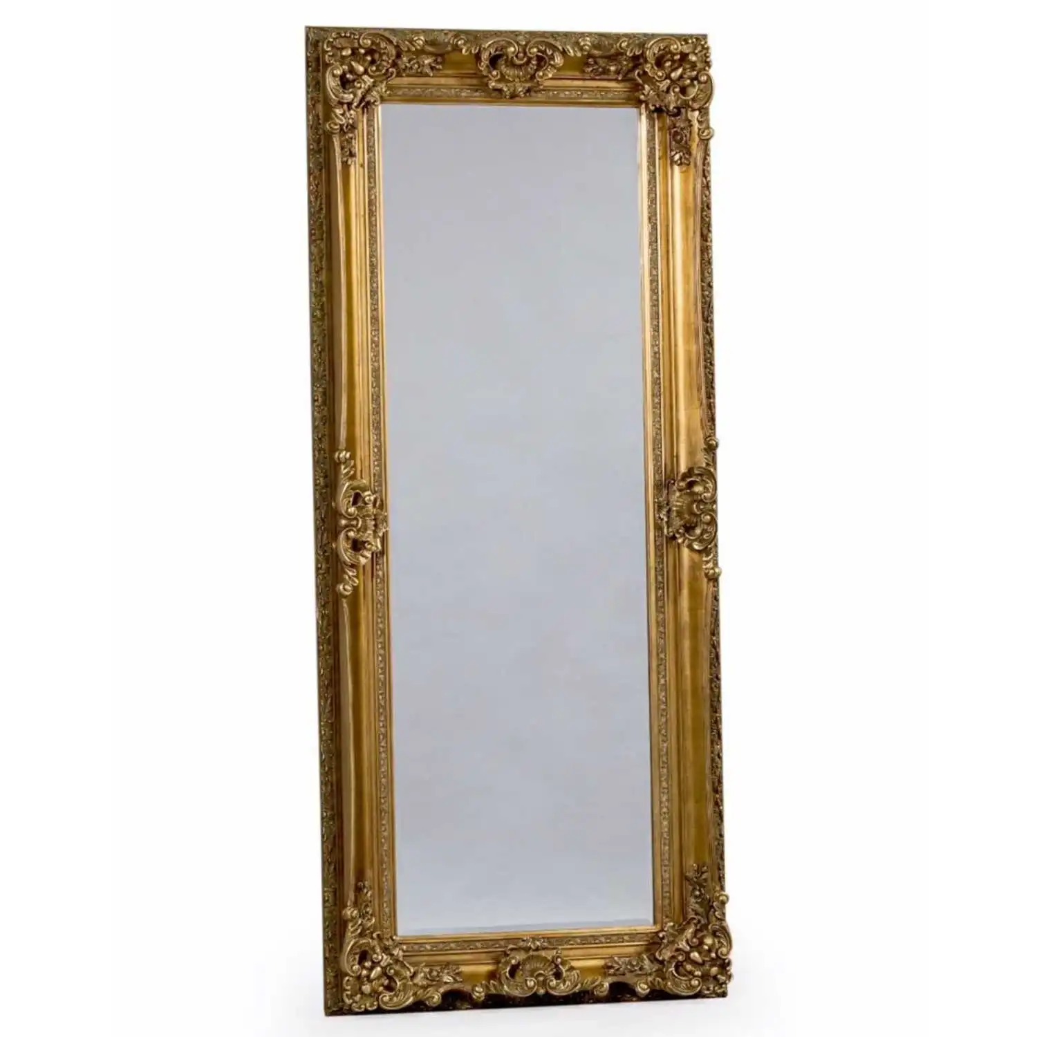 Gold Tall Wall Mirror with Ornate Carved Frame