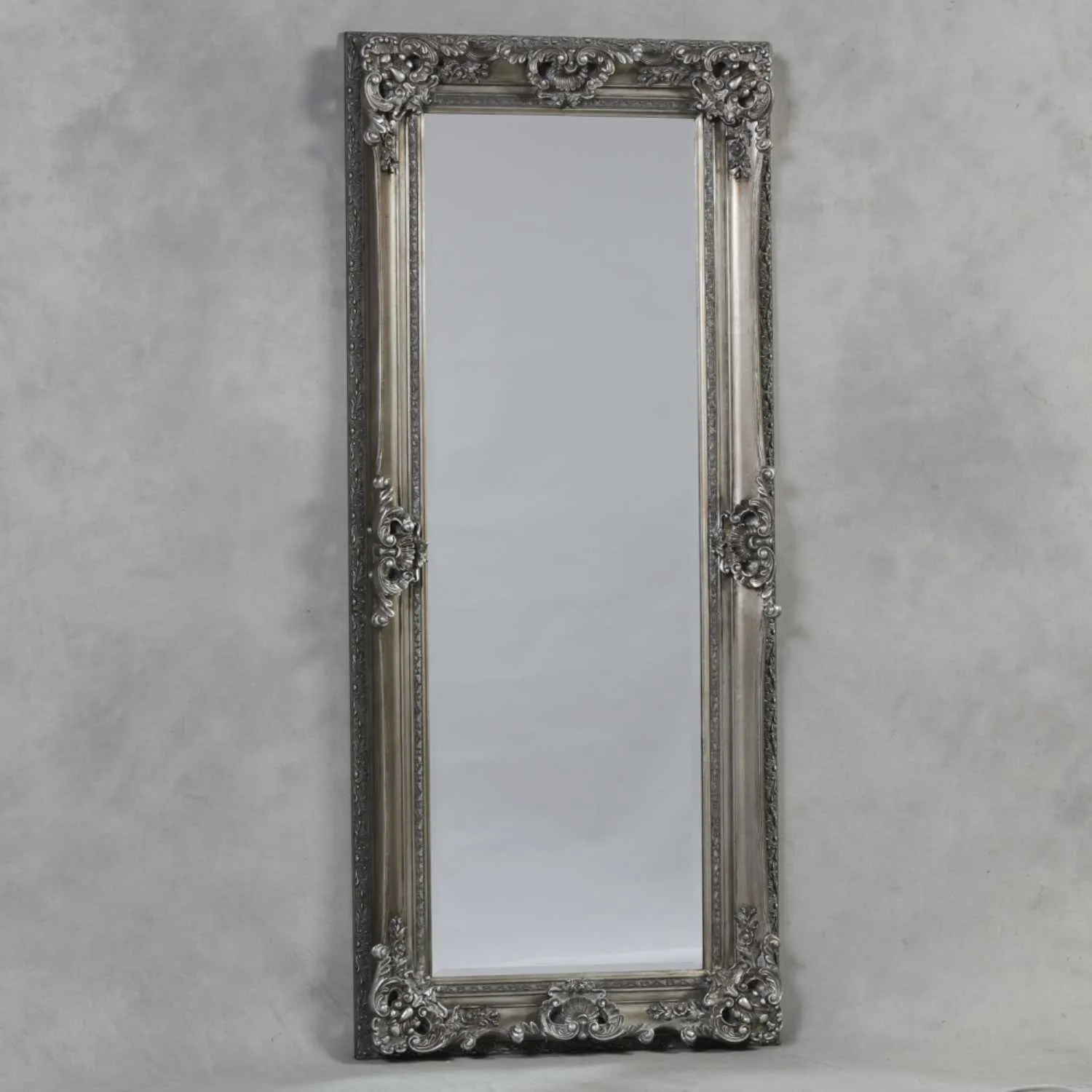 Silver Finish Tall Rectangular Ornate Carved Mirror
