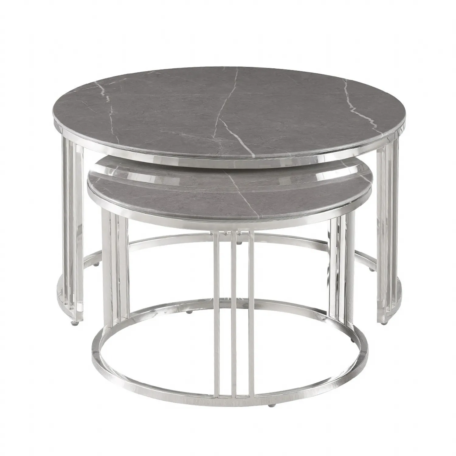 Set of 2 Round Chrome Coffee Tables with Marble Top