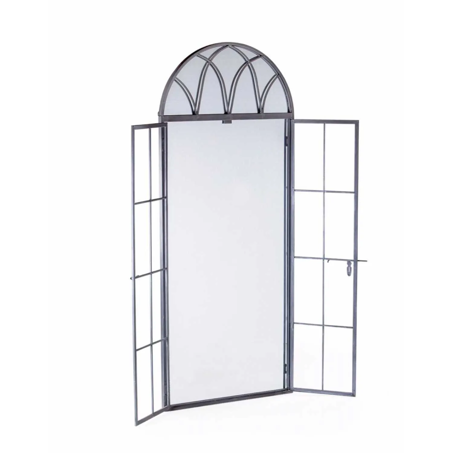 Grey Metal Tall Arched Opening Window Wall Mirror