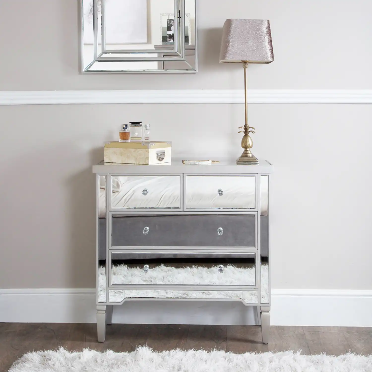 Silver Mirrored Glass Chest of 4 Drawers
