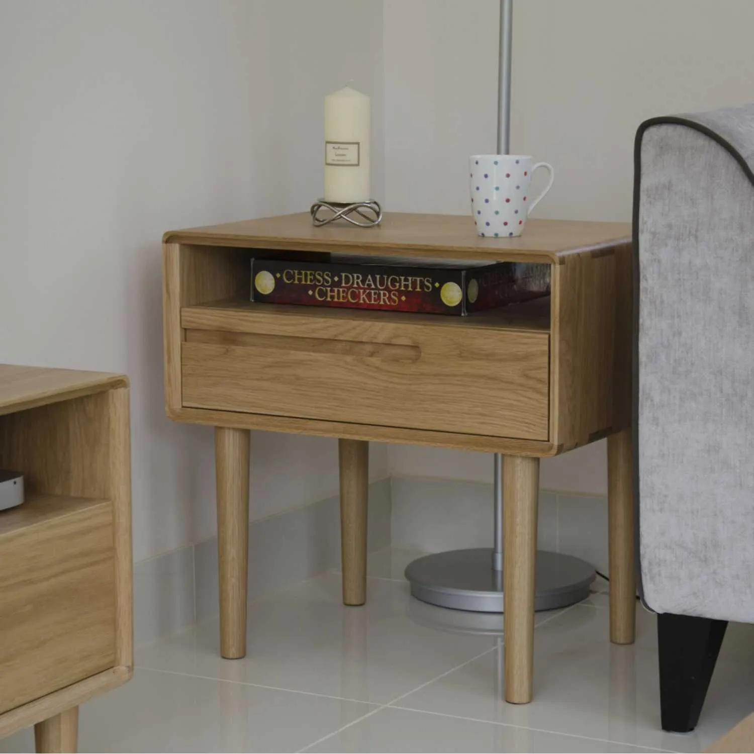 Nordic Scandic Oak Lamp Bedside Table 1 Drawer Open Shelf Top on Legs