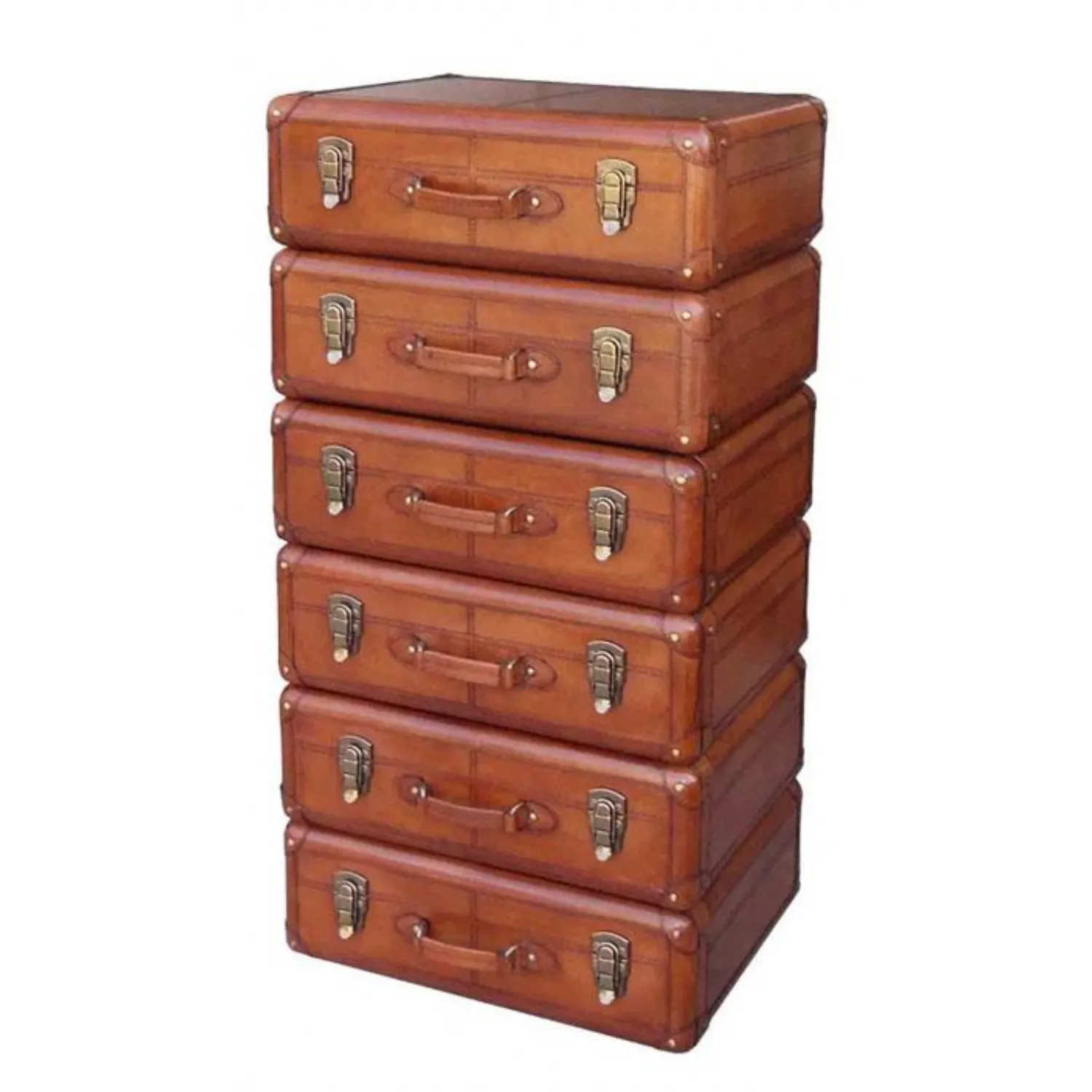 Handcrafted Leather And Brass 6 Drawer Tall Boy Cognac