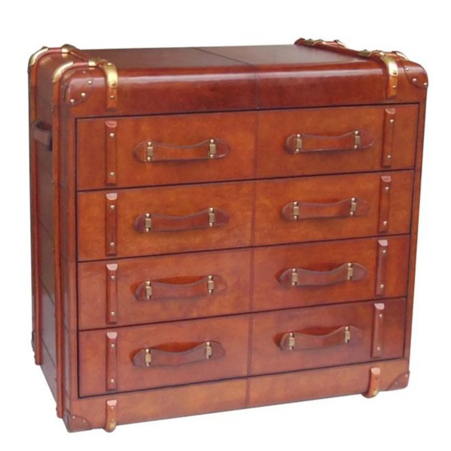 Handcrafted Leather And Brass 4 Drawer Chest Cognac