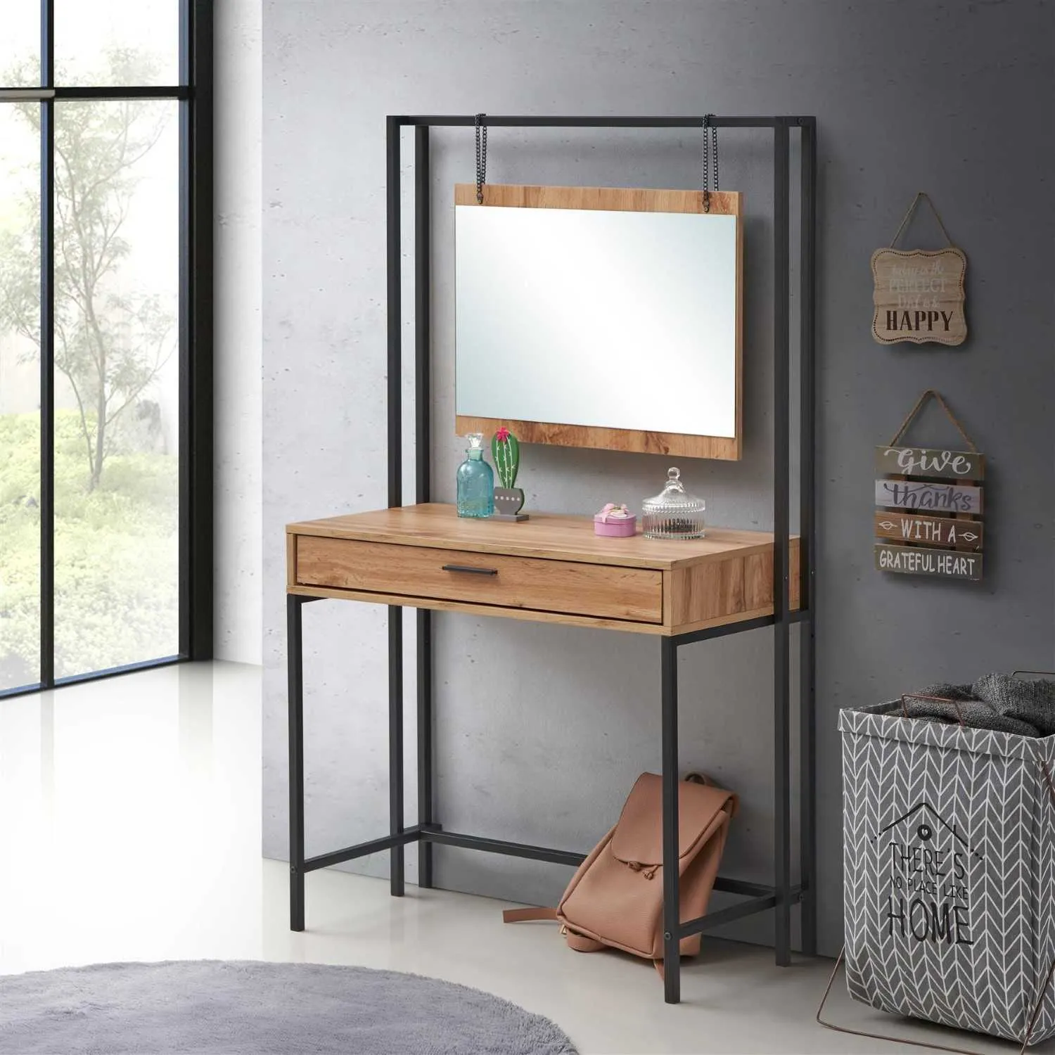 Modern Style Oak Wood And Black Metal Dressing Table With Mirror 150 x 83.8cm