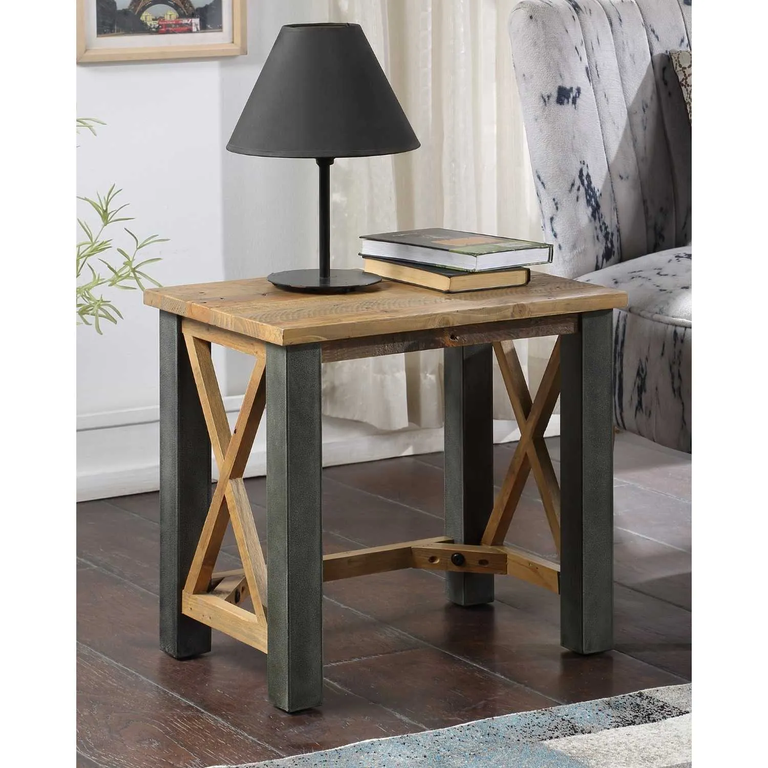 Reclaimed Wood And Steel Cross Framed Lamp End Table Open Front Side